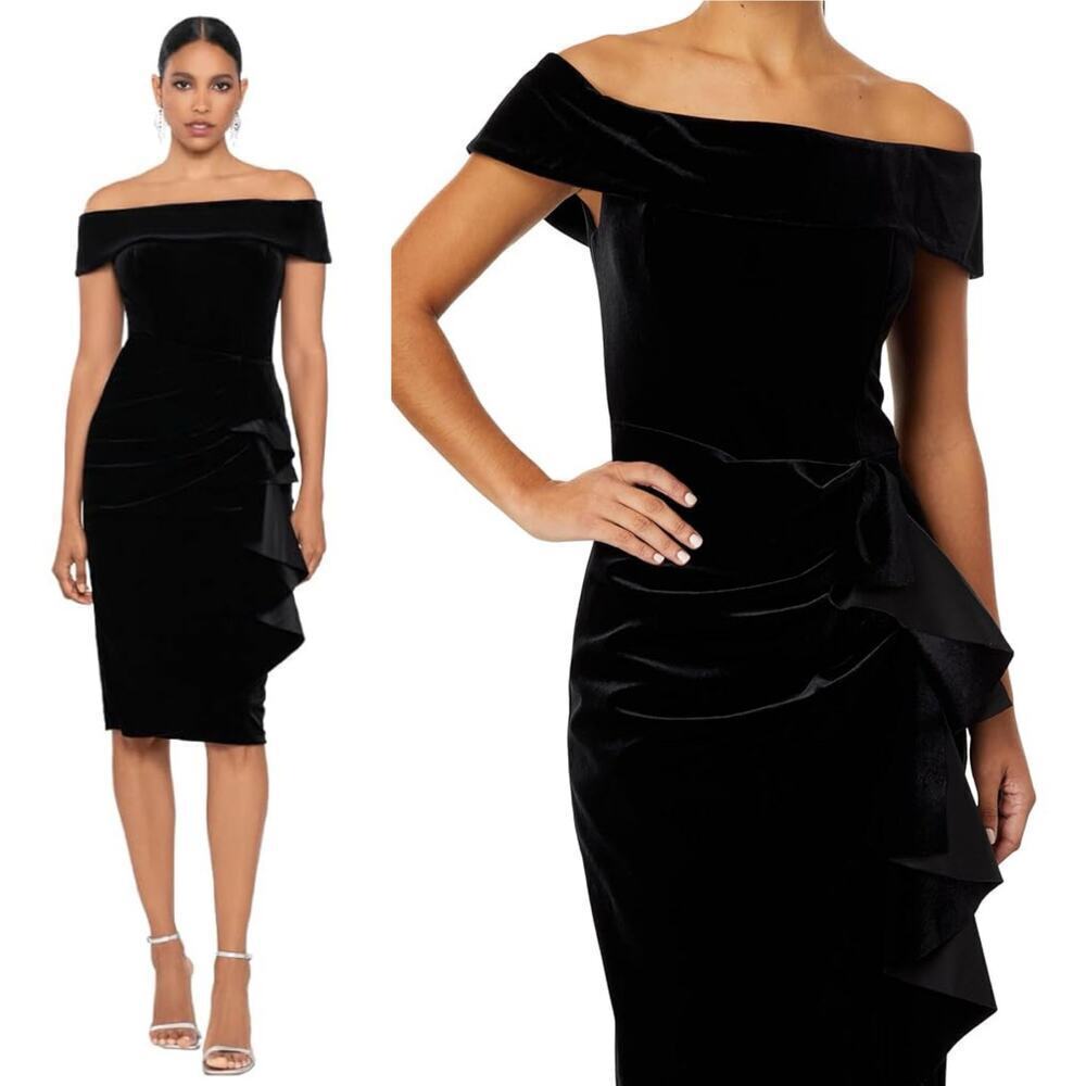 Xscape Off-The-Shoulder Velvet Cocktail Dress Black Size 12